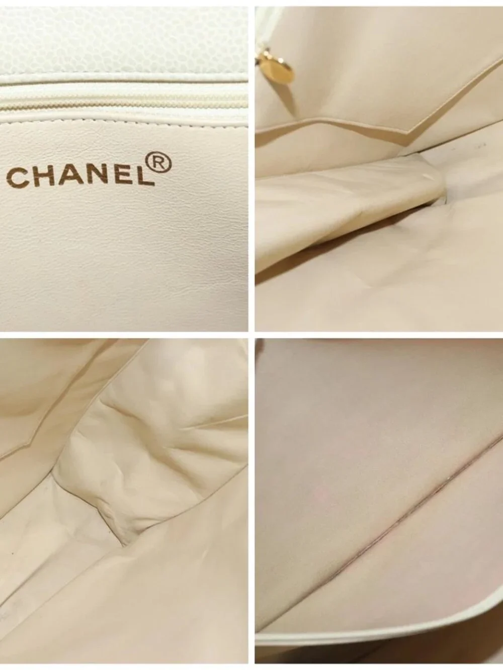 CHANEL COCO Mark Chain Tote Bag Grained Calf Skin Beige Gold CC Auth bs18886